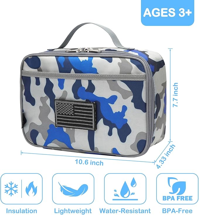 FlowFly Kids Lunch box Insulated Soft Bag Mini Cooler Back to School Thermal Meal Tote Kit for Girls, Boys, Flag