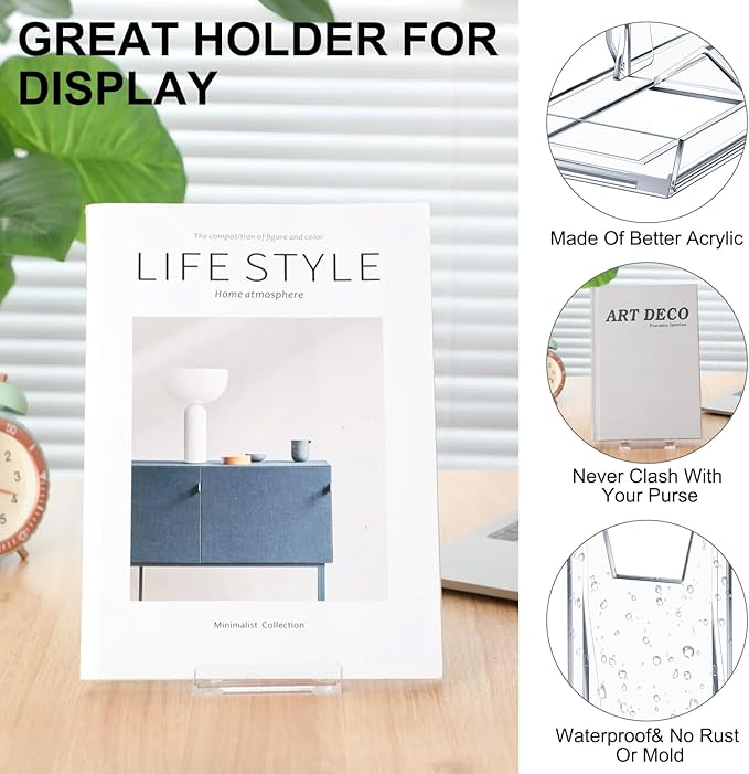 6 Pack Acrylic Book Stand for Display Adjustable Clear Display Holder Easel Collector Stand for Home Office Back to School Comic Album CD Magazine Postcard Artworks (5.91 x 6.1 x 3.15 Inch)