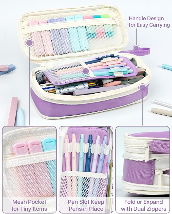 Four Candies 56PCS School Supplies with Pencil Case, Stationery Set, Purple | 6 Multicolor Pens, 12 Pastel Highlighters, 5 Gel Pens, 9 Mechanical Pencils, Back to School, College Essentials for Students