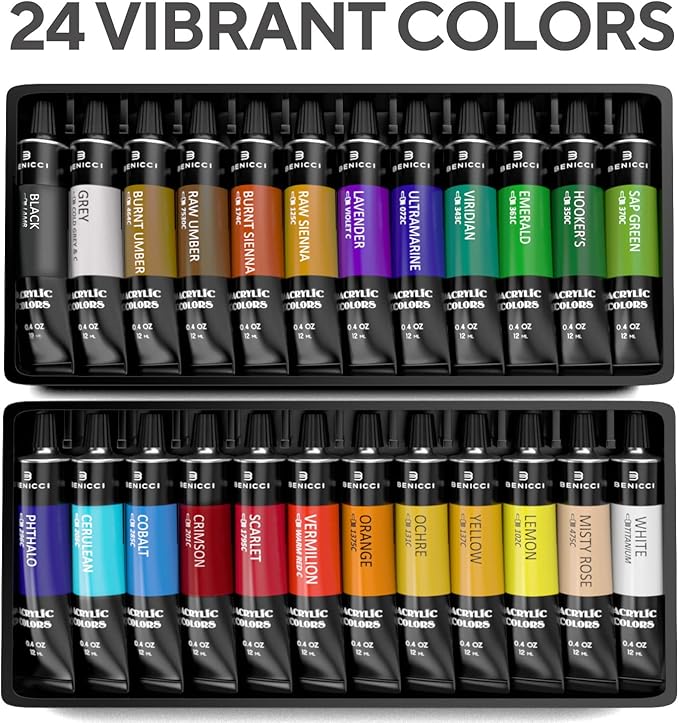 Complete Acrylic Paint Set – 24х Rich Pigment Colors – 12x Art Brushes with Bonus Paint Art Knife & Sponge – for Painting Canvas, Clay, Ceramic & Crafts, Non-Toxic & Quick Dry – for Kids & Adults