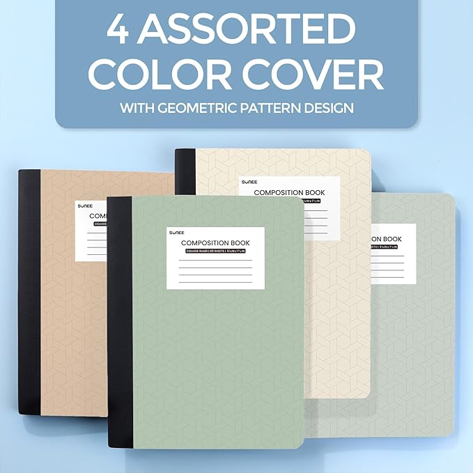 SUNEE Composition Notebooks - College Ruled Paper, 4 Pack Composition Book, 9 3/4" x 7 1/2", 80 Sheets/160 Pages, Assorted Morandi Colors, School, College & Office Supplies