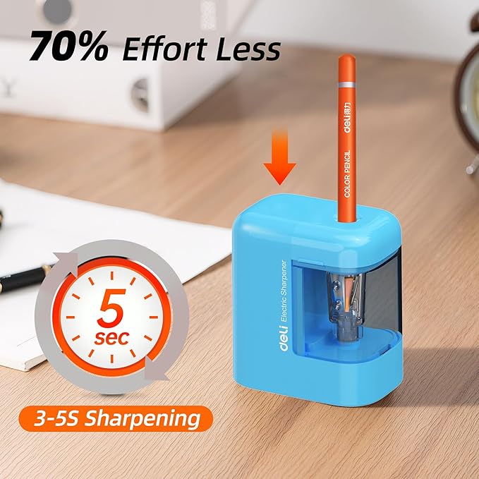 deli Electric Pencil Sharpener, Portable Pencil Sharpener for No.2 Pencils Colored Pencils, Battery Powered Electric Pencil Sharpener for School, Home, Office, Blue
