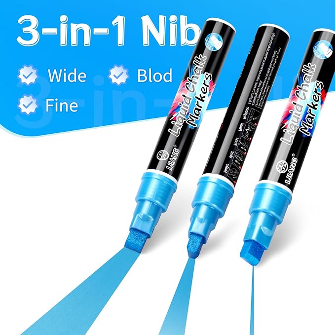IJIANG Chalk Markers for Car Glass Washable, Metallic Liquid Chalk Marker Dry & Wet-Erasable 10 MM 3-in-1 Tip Chalkboard Markers Non-Toxic Dust Free 8 Color Chalk Pens Windows Mirrors Glass