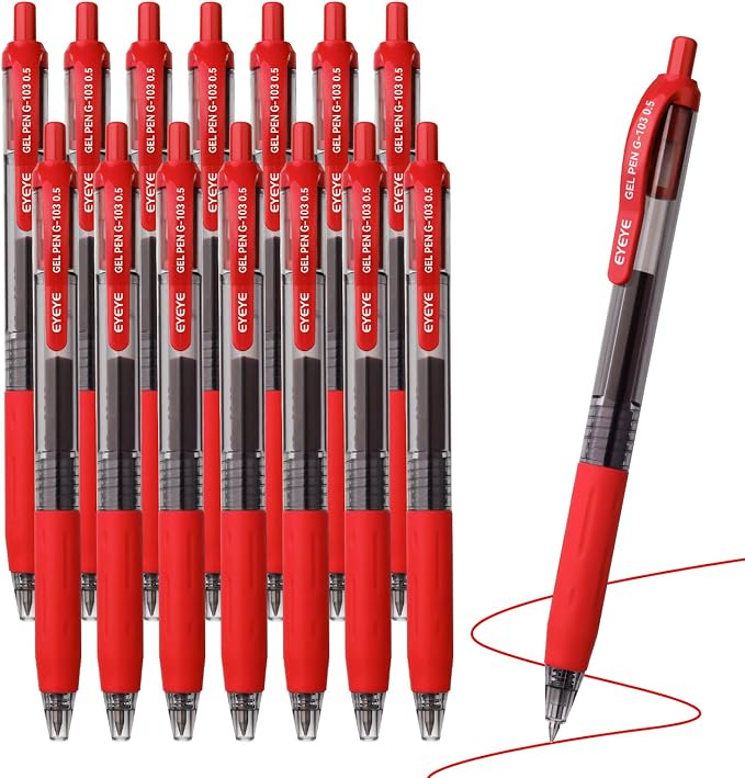 EYEYE G-103 Red Gel Pens 15 Pack, Retractable, 0.5mm Extra Fine Point | Quick Drying, Ballpoint Pen Fine Point Smooth Writing Pens for Office Supplies, Black to School