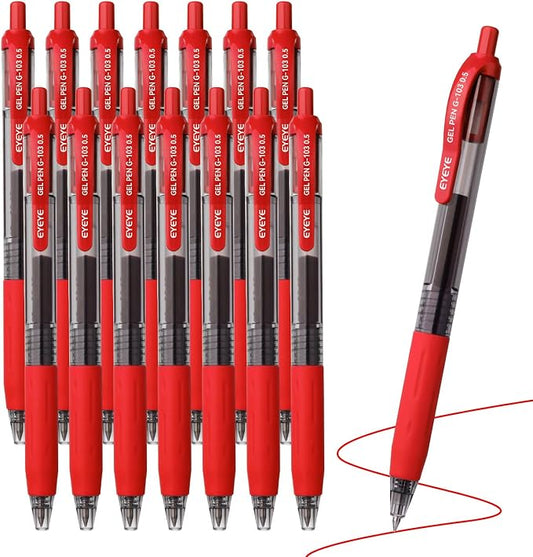 EYEYE G-103 Red Gel Pens 15 Pack, Retractable, 0.5mm Extra Fine Point | Quick Drying, Ballpoint Pen Fine Point Smooth Writing Pens for Office Supplies, Black to School