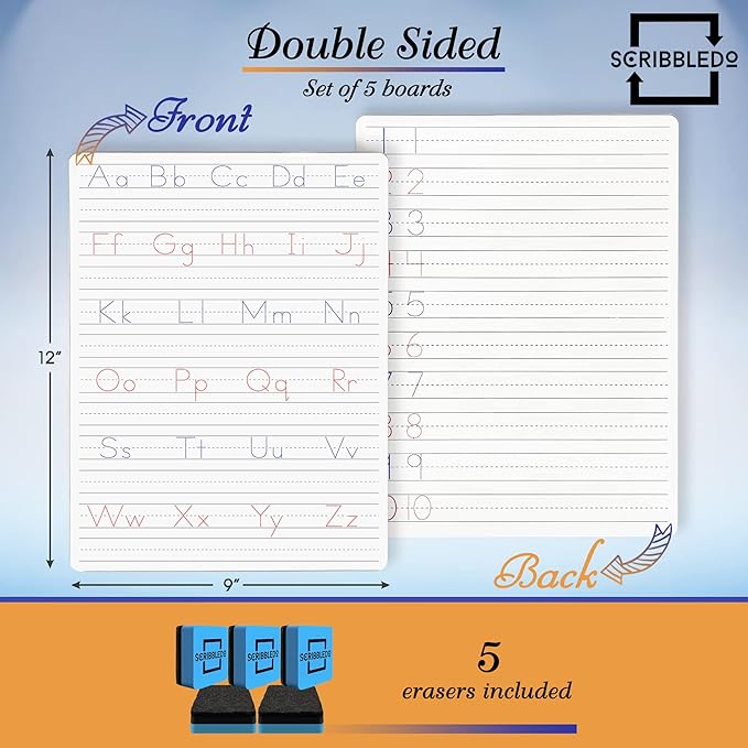 Scribbledo 5 Pack Dry Erase Handwriting Practice for Kids 9 x 12 Inch Letter Alphabet Tracing Board Whiteboard for Kids Ages 3-5 Write and Wipe Alphabet Practice Cards Letters & Erasers