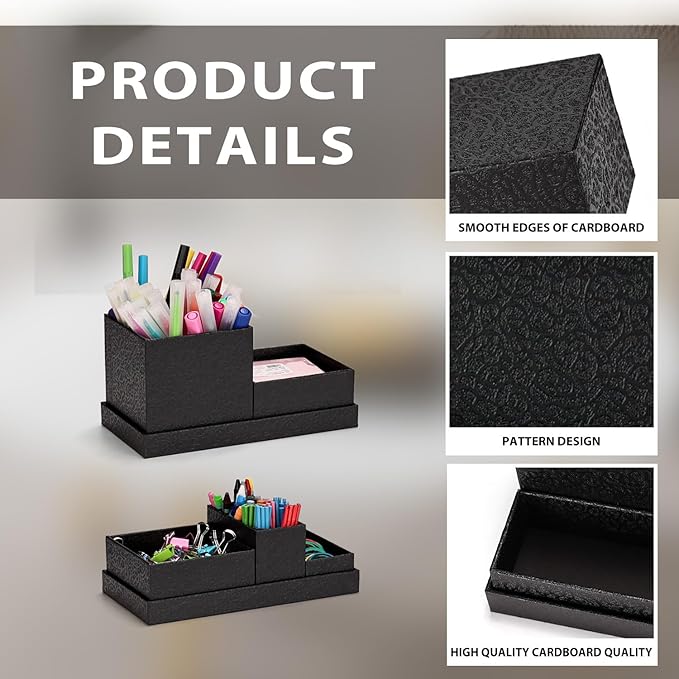 Desk Organizer,Office Desk Accessories,Paperboard Desktop Organizer with Pen Pencil Holder and Sticky Note Tray,Paperclip Storage, Black
