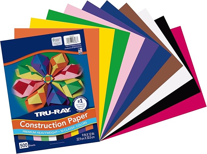 Tru-Ray (P6588-4) Heavyweight Construction Paper Bulk Assortment, 10 Assorted Colors, 9" x 12", 500 Sheets
