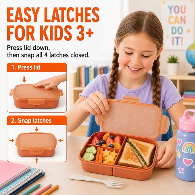 MISS BIG® Bento Lunch Box for Kids, 1150ml, 3 Compartments, Coral Orange | Coral orange 1150ml kids bento box for school lunch, daycare meals, snacks, picnic, and travel.