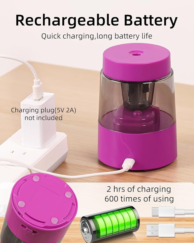 ZMOL Electric Rechargeable Pencil Sharpener, Automatic Colored Pencil Sharpener for Kids, Battery Pencil Sharpeners for Colored Pencils, Auto Stop, Suitable for No.2(6-8mm), Classroom Home Pink