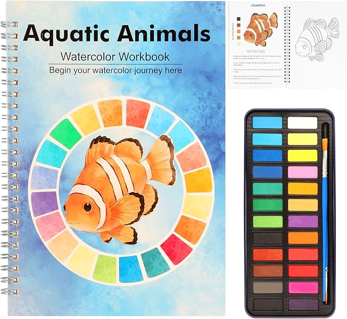 Ocean Watercolor Workbook for Beginners with 24 Colors Paint Set – Water Coloring Book with 12 Ocean Designs, Step-by-Step Painting Guide, Relaxing Watercolor Workbook Art Kit for Adults
