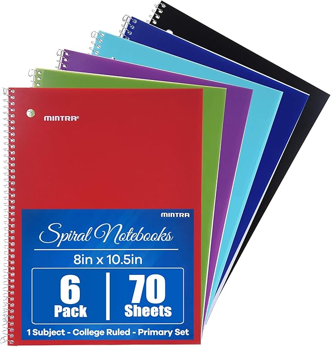 Mintra Office Spiral Notebooks, Wirebound, Journals for School, Work, Business, Aesthetic Stationery, Writing Pads, Teacher & Student Supplies (6, Solid Color, College)