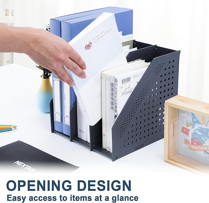 FRETONBA Collapsible Magazine File Holder with 3 Vertical Compartments Foldable Binder Holder for Desk Binder Storage Organizer Plastic Magazine Holders for Shelf, Dark Gray