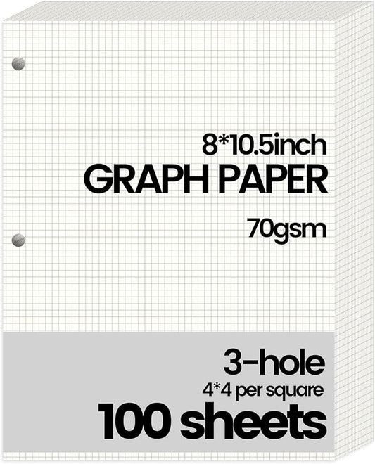 Koogel Graph Paper Filler Paper, 100 Sheets 8" x 10.5" Loose Leaf Graph, 4 x 4 Grid / 4mm Quad Ruled, 3-Hole Punched for 3 Ring Binders, Math, Physics, Engineering & School Supplies