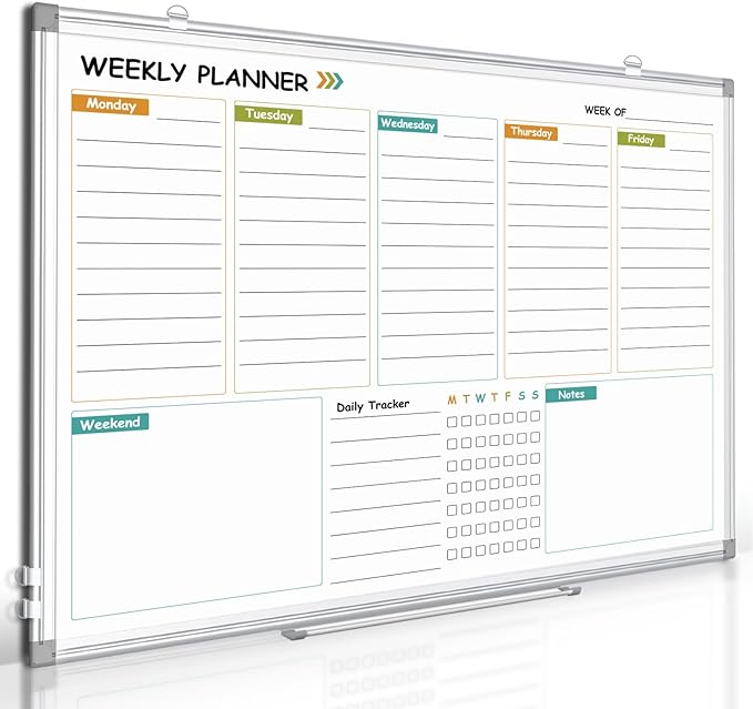 Weekly Calendar Dry Erase Whiteboard for Wall, 24"x18" Magnetic Weekly Planner White Board, Double Sided Hanging Daily Planning Board for Home, Office, School, Kitchen