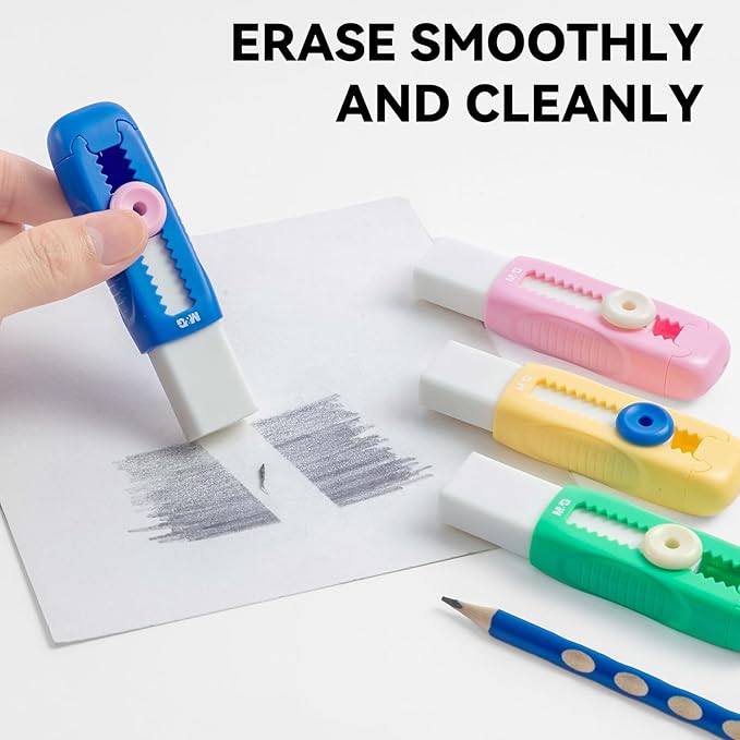 M&G 1+1 Pack Green Sliding Retractable Cute Eraser Set, Refillable Soft Large Rubber Eraser with Sleeve for Kids Students School Office Supplies