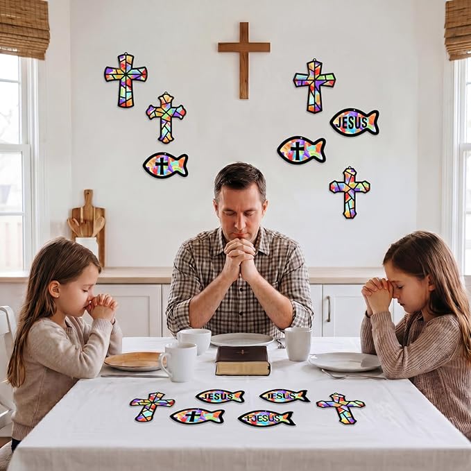 48PCS Sunday School VBS Crafts Bulk: Paper Cross Fish Nativity Suncatchers, Jesus Religious Christian Activity DIY Kits Church Decorations, Window Stained Glass Effect Art Supplies