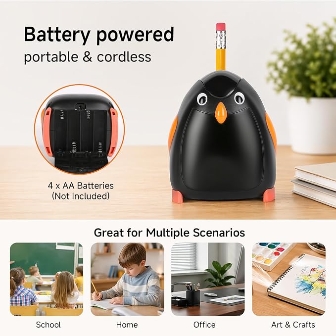 Penguin Battery Operated Pencil Sharpener, Cordless, Portable, Animal-Inspired Desktop Stationery for Office and Home Studio