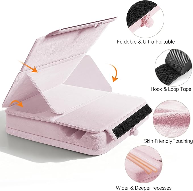 Tablet Pillow Stand with Storage, Foldable iPad Holder for Lep, Bed, Sofa, and Desk - Soft Pad Dock with Pocket and Stylus Mount Compatible with 4-13" iPad Pro/Air/Mini, Galaxy Tab, Kindle (Purple)