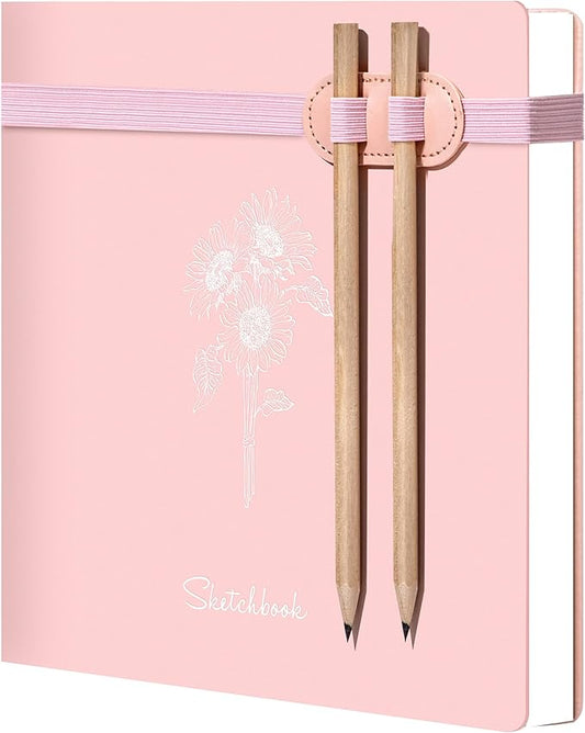 Yoment Hardcover Sketch Book, Sketchbook for Drawing with 2 Pencils, 150GSM Thick Paper, Square Art Sketch Book Drawing Paper Book 160 Pages Sketch Pad Journal for Women Adults,Gift Boxed, Pink