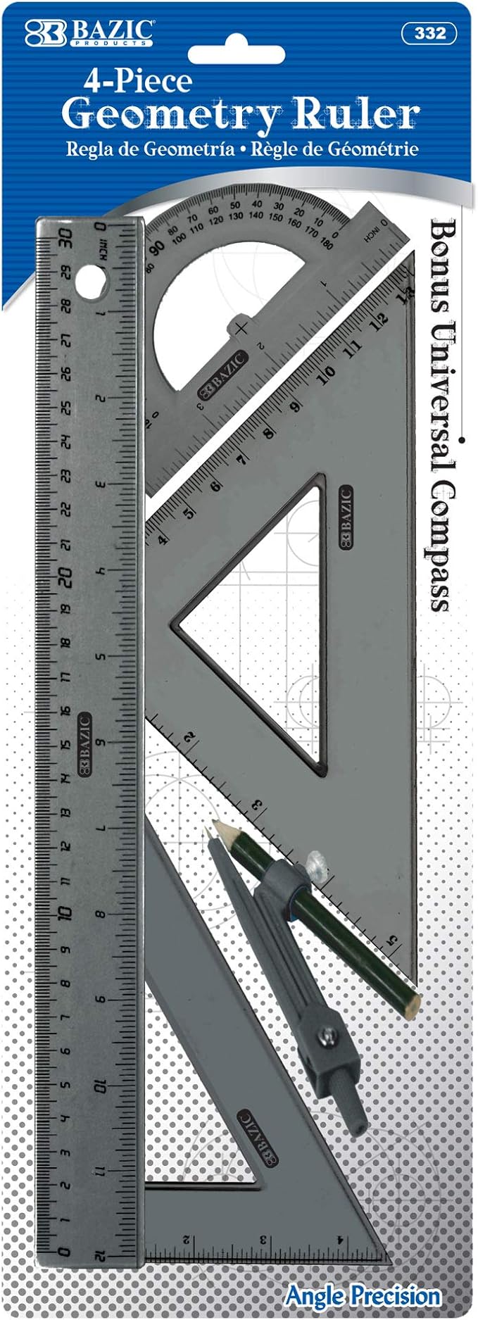 BAZIC Products Math Geometry Set 4 Pieces, Compass, Protractor, Ruler, 2 Triangle Rulers, Plastic Clear Measuring Sets for Students Professional, 24-Packs