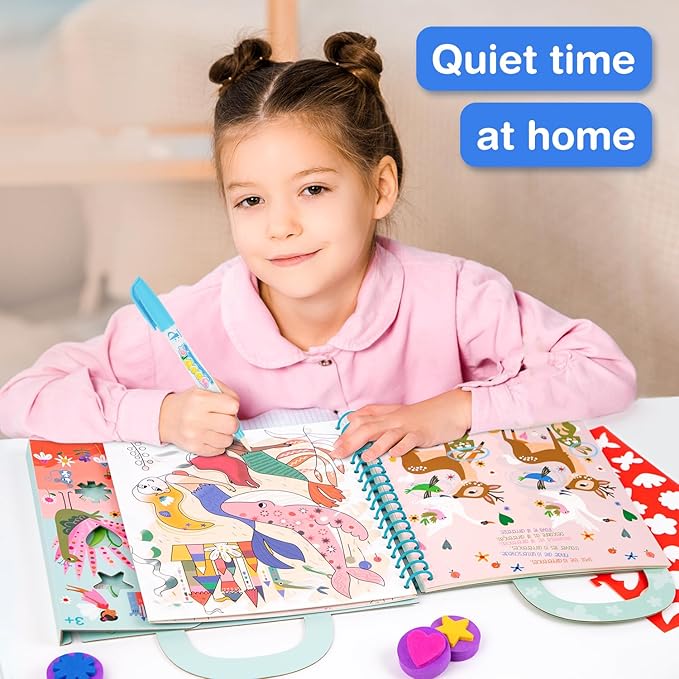 Water Coloring Books for Toddlers 3-5 Years,Mess-Free Painting Water-Reveal Coloring Book, Portable Magic Water Art Pad, Reusable Travel Toys for Road Trips Airplanes, Educational 4 in 1 Creative Set