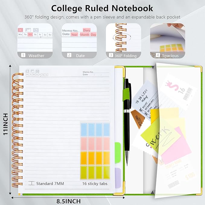 Hardcover Spiral Notebook College Ruled, 8.5"x11" Leather Journal Notebook with Magnetic Closure, 300 Pages 5 Subject Notebook with Dividers Tabs Journal for Women Men, Work, School(Grass Green)
