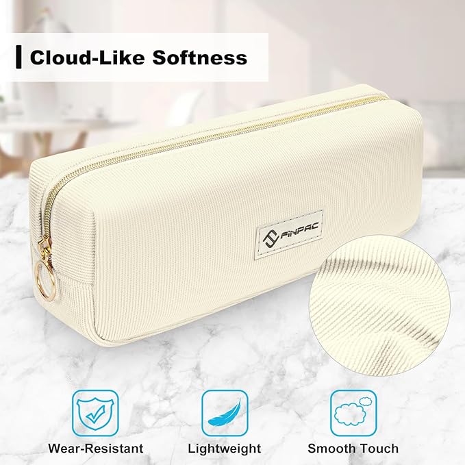 FINPAC Pencil Case, Corduroy Aesthetic Makeup Bag, Cute Kawaii Pen Bag Pouch Holder Box Organize for Study, Office, or Travel (Beige)