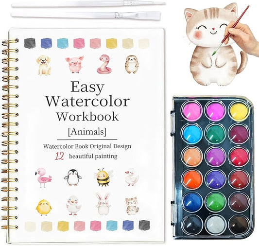 Easy Watercolor Workbook for Beginners - 12 Beautiful Step-by-Step Paintings Water Coloring Book, Includes 18 Water Colors, Relaxing Art Projects and Creative Gift for Adults & Teen (Animals)