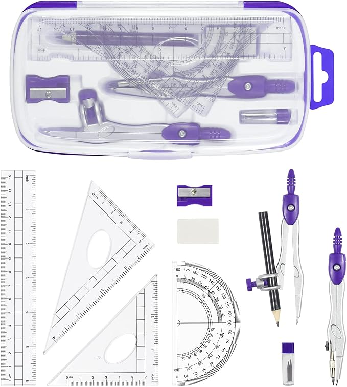 Unjoo Math Geometry Kit Sets 10 Piece Student Supplies with Shatterproof Storage Box,Includes Rulers,Protractor,Compass,Eraser,Pencil Sharpener,Lead Refills,Pencil,for Drafting and Drawings（Purple）