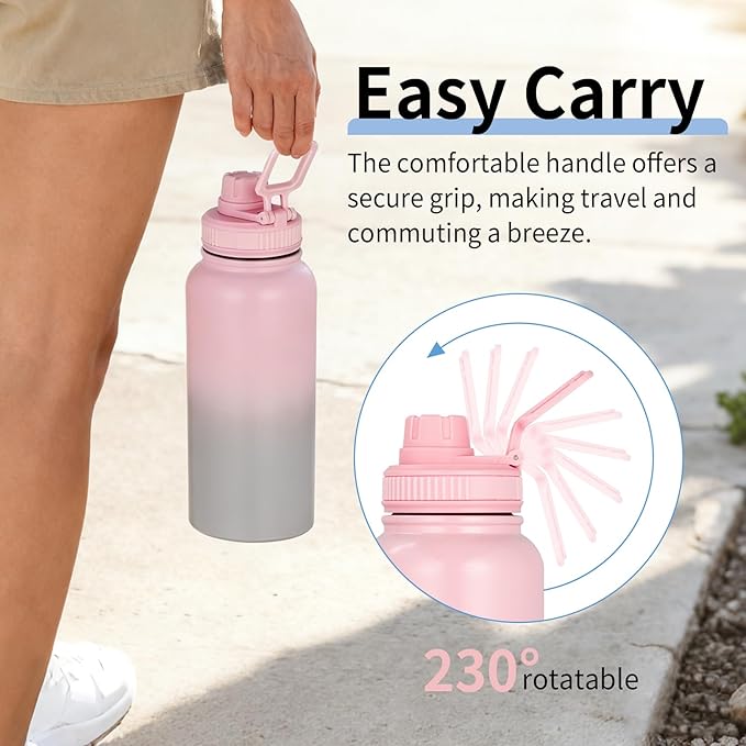 Gulex Water Bottle 32oz - Leakproof & BPA Free Sports Water Bottle Carry Strap for Gym, Travel and Outdoor Sports (Stainless steel insulation-Pink)