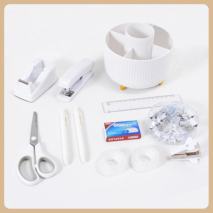 Gawsey Desk Organizers and Accessories Set with 360-Degree Rotating Pen Holder, Tape Dispenser, Stapler, Staple Remover, 1000 Staples, Tape, Clips Set, Ruler, Scissor, Pen (White)