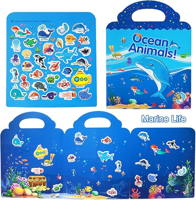 Reusable Sticker Books for Kids, 2 Sets Travel Removable Toddler Sticker Books for 3 4 5 Year Old Girls Boys Birthday Gifts Educational Learning Toys - Ocean & Zoo Animals
