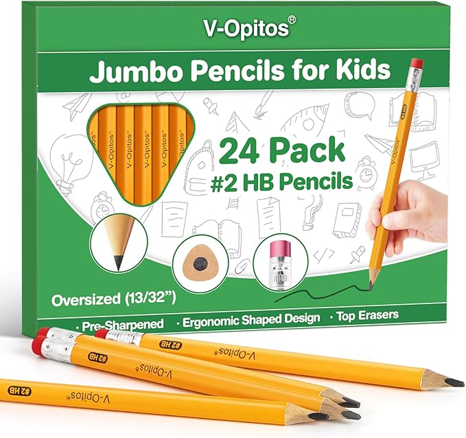 V-Opitos 24 Pack Jumbo #2 HB Pencils for Kids, Triangle Shape Pre-sharpened Wood-Cased Pencils with Top Erasers, Ideal Home, Kindergartens, School Classroom Supplies
