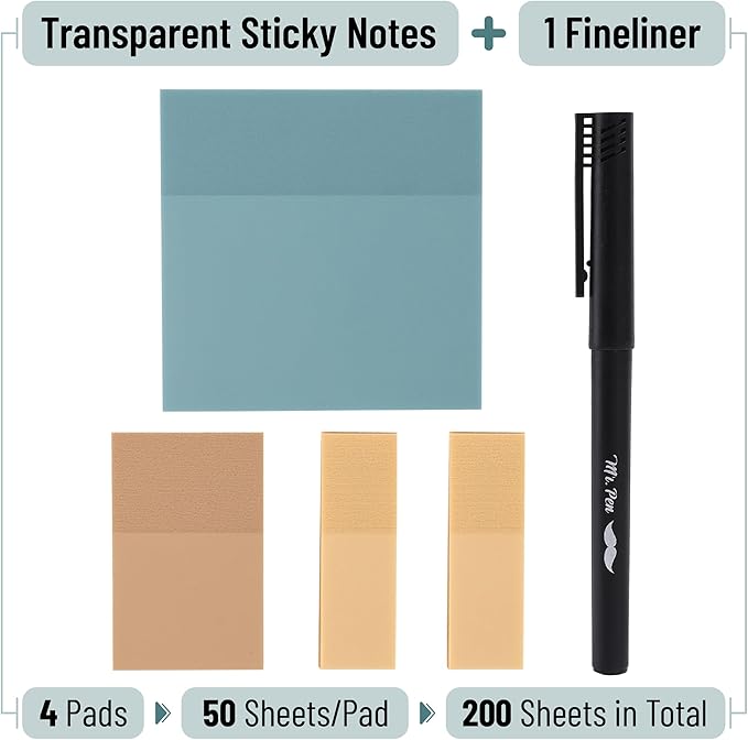Mr. Pen- Transparent Sticky Notes Set, 200 Sheets, Transparent Sticky Notes and Planner Tabs with Black Fineliner Pen for Bible Study, Office, School, Planning, Journaling & Organization