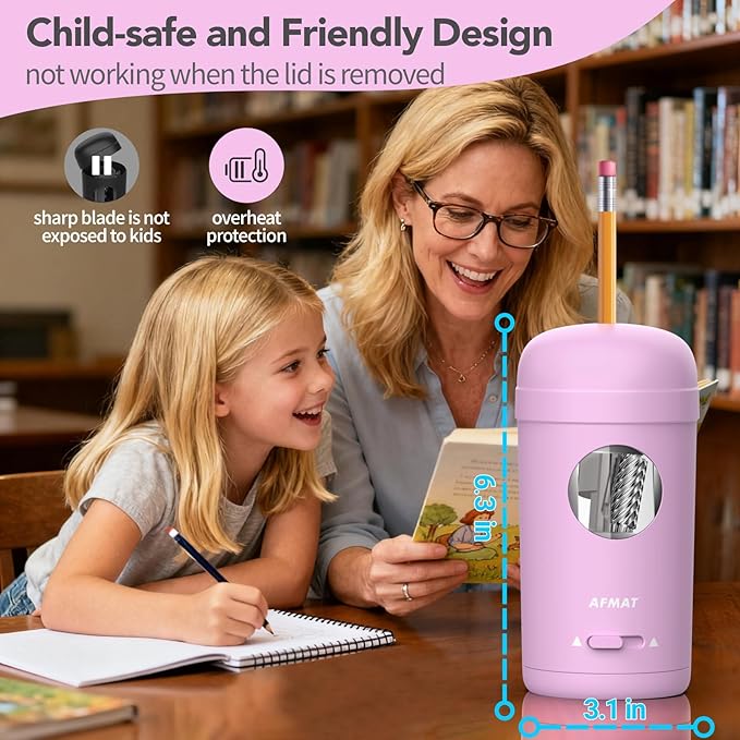 AFMAT Electric Pencil Sharpener, Fully Automatic Pencil Sharpener for 7-8mm Pencils & Colored Pencil, Auto in & Out, Rechargeable Vertical Hands-Free Sharpeners for Classroom/Home/Office PSX7(Purple)