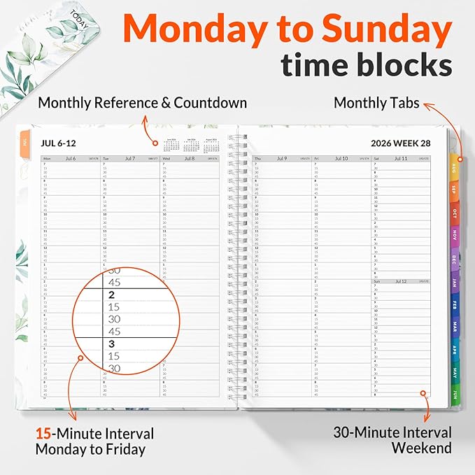 SUNEE 2026-2027 Appointment Book, Quarter-Hourly, Weekly & Monthly - from July 2026 to June 2027, 8.5"x11" Academic Planner, Flexible Cover, Note Pages, Bookmark, Spiral Binding, Greenery