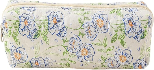 Cute Mini Quilted Makeup Bag for Women Travel Cosmetic Bags Lightweight Coquette Aesthetic Floral Toiletry Organizer Case (Green Leaf)