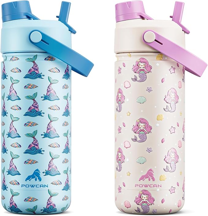 POWCAN 2 Pack 18 oz Insulated Water Bottle for School: Leakproof, 2-in-1 Straw Spout Lid, BPA-Free, Keep Cold 24 Hrs, Stainless Steel Cup for Sports, Travel, Gift (Splash Tails & Starry Mermaid)