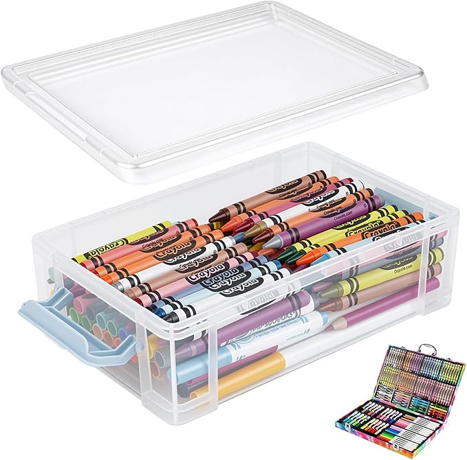 Crayon Storage Organizer Compatible with Crayola, Large Clear Pencil Box with Lid, Stackable Case for Art Supplies, Durable Plastic Art Supply Organizer for Pens,Teacher Supplies and Crafts