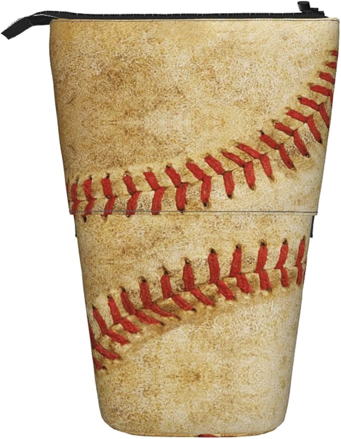 Retro Baseball Kids Standing Pencil Case Girls Boys Telescopic Stationary Pouch with Zipper Large Capacity Stand up Pen Bag Portable Makeup Holder for Children School Students Office Supplies