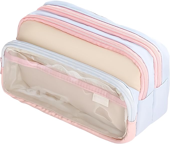 4-Layer Transparent Large Capacity Pencil Case - Ins Aesthetic Japanese Style Makeup & Supplies Organizer Pouch (Pink)