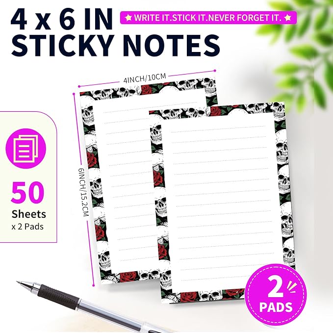 Lined Sticky Notes 4x6 in, 2 Pack Large Cute Notepads with Lines Self-Stick Note Pad, Funny Memo Pads Strong Adhesive for Office, Home Cool Skulls