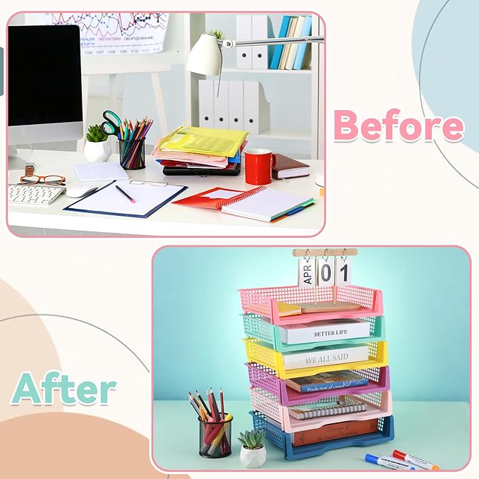 gisgfim 6 Pcs Turn in Trays Classroom Colorful Paper Tray for Classroom Organization and Storage Stackable Plastic Book Baskets Turn in Bins Teacher Organizers for Library Drawers School Office Desk