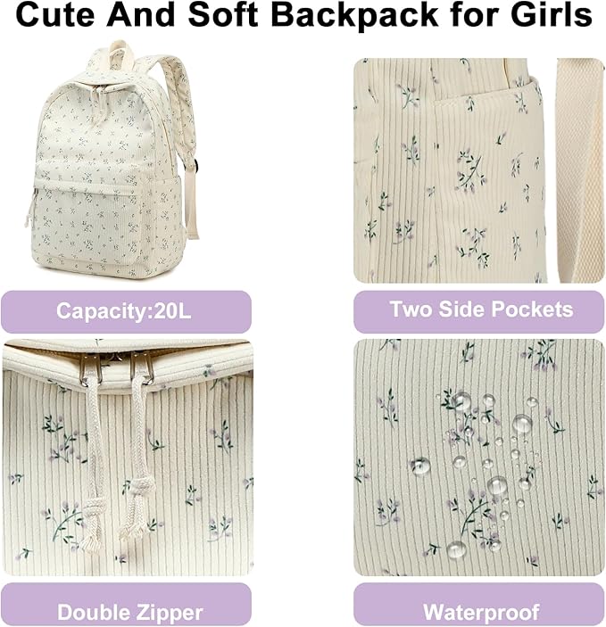 BTOOP School Backpack for Teens Large Corduroy Bookbag Lightweight 15.6 inch Laptop Bag for Girls Women Casual High School College