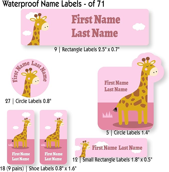 Personalized Kids Name Labels – Waterproof Custom Stickers for Daycare & School, Dishwasher & Laundry Safe (Giraffe - Pink)