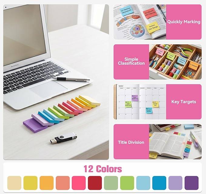 Agoer 1200 Sheets Mini Sticky Notes - 2 x 1.5 Small Sticky Pads, Clean Removal, Bright Colors Self-Stick Pads - Colorful Notes for Office, Home, School (12 Colors)