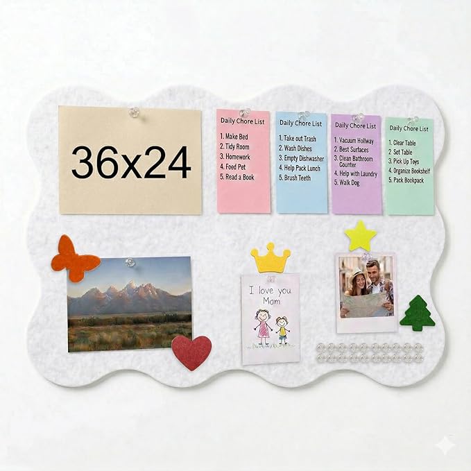 Scalloped Bulletin Board, 36x24 Scalloped Felt Bulletin Board, 3' by 2' Trifold Foldable Picture Display with 20 Pins & 5 Cute Decors - White