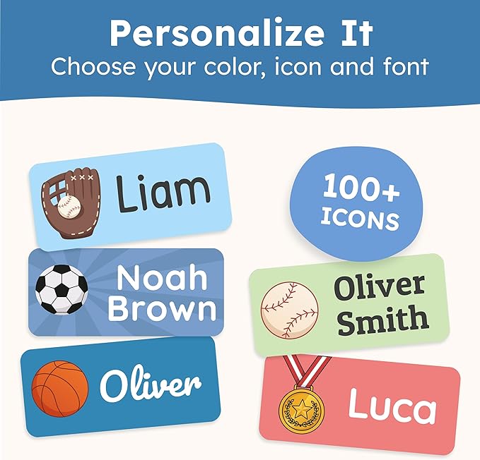 Personalized Name Labels for Kids (140 Labels) - Durable & Waterproof Custom Name Stickers for Clothing Tags, School Supplies, Camp & Daycare - League (1.2”x0.5”)