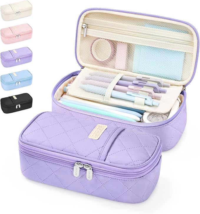 Sooez Cute Pencil Case, Soft Quilted Pencil Pouch, Large Pen Pencil Bag | Zipper Pen Case, Aesthetic Pen Pouch, Colored Stationery Storage & Organizer, School Supplies for Teen Girl Students, Purple